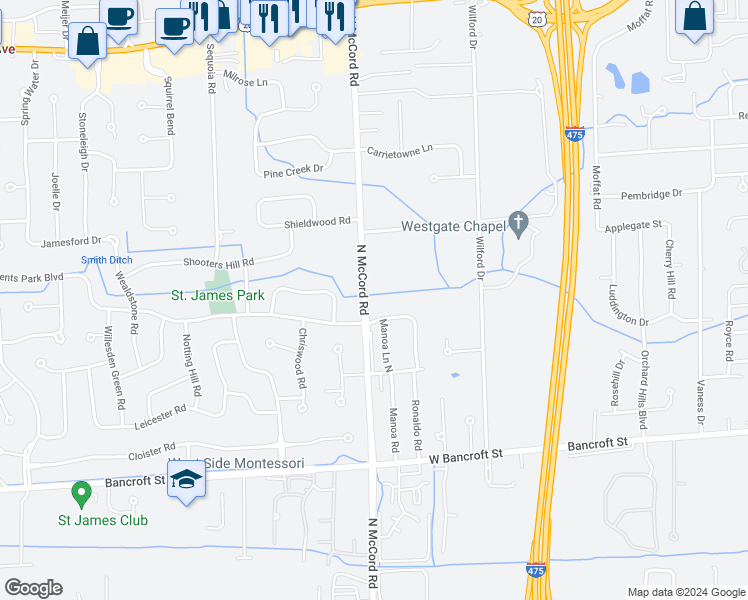 map of restaurants, bars, coffee shops, grocery stores, and more near 6636 Regents Park Boulevard in Toledo