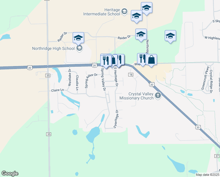 map of restaurants, bars, coffee shops, grocery stores, and more near 610 Spring Valley Drive in Middlebury
