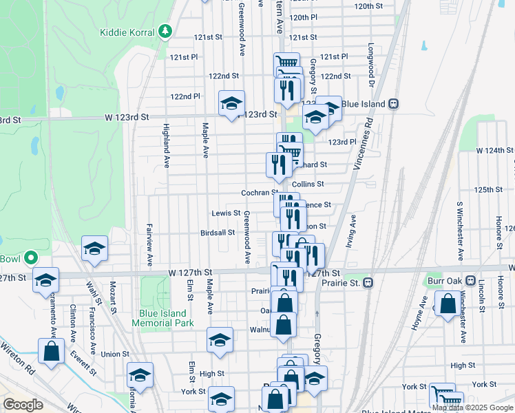 map of restaurants, bars, coffee shops, grocery stores, and more near 2456 Lewis Street in Blue Island
