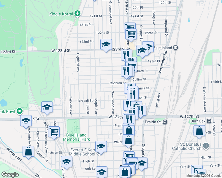 map of restaurants, bars, coffee shops, grocery stores, and more near 2456 Lewis Street in Blue Island
