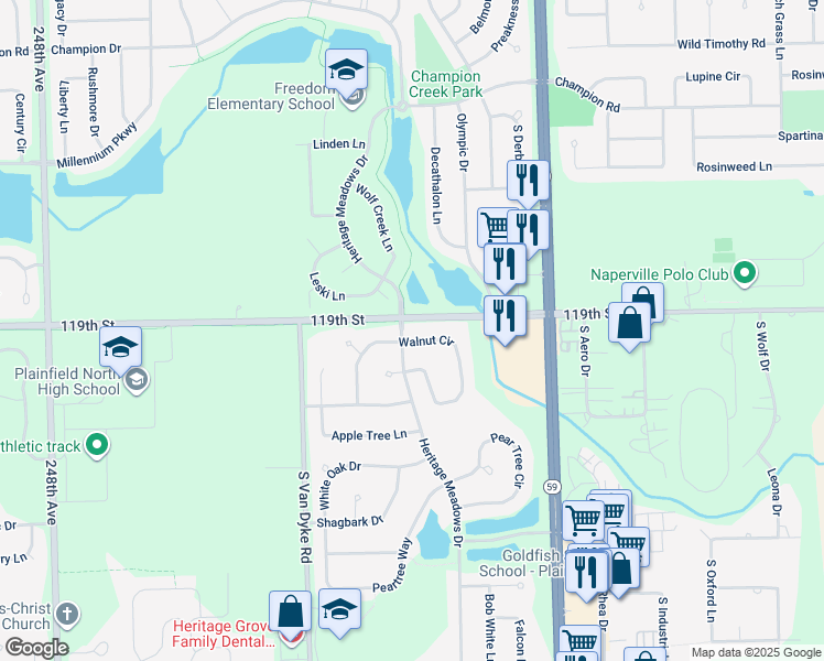 map of restaurants, bars, coffee shops, grocery stores, and more near 24220 Walnut Circle in Plainfield