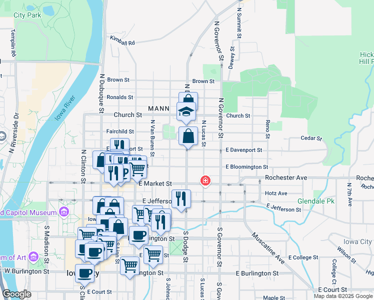 map of restaurants, bars, coffee shops, grocery stores, and more near 701 East Davenport Street in Iowa City