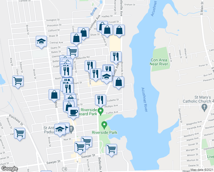 map of restaurants, bars, coffee shops, grocery stores, and more near 515 Belleville Avenue in New Bedford