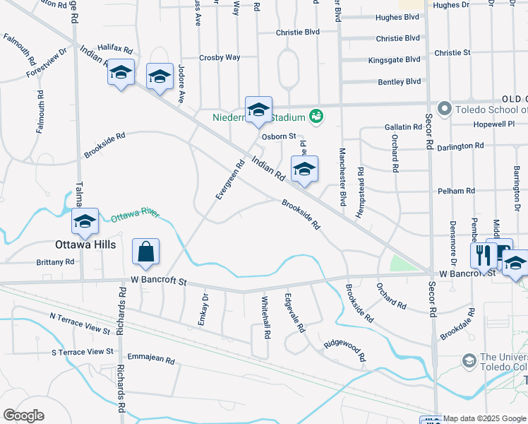 map of restaurants, bars, coffee shops, grocery stores, and more near 3711 Sulphur Spring Rd in Toledo