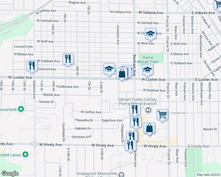 map of restaurants, bars, coffee shops, grocery stores, and more near 501 West Lusher Avenue in Elkhart
