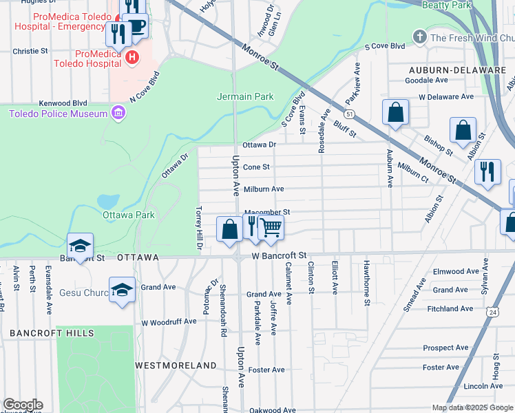 map of restaurants, bars, coffee shops, grocery stores, and more near 1828 Macomber Street in Toledo