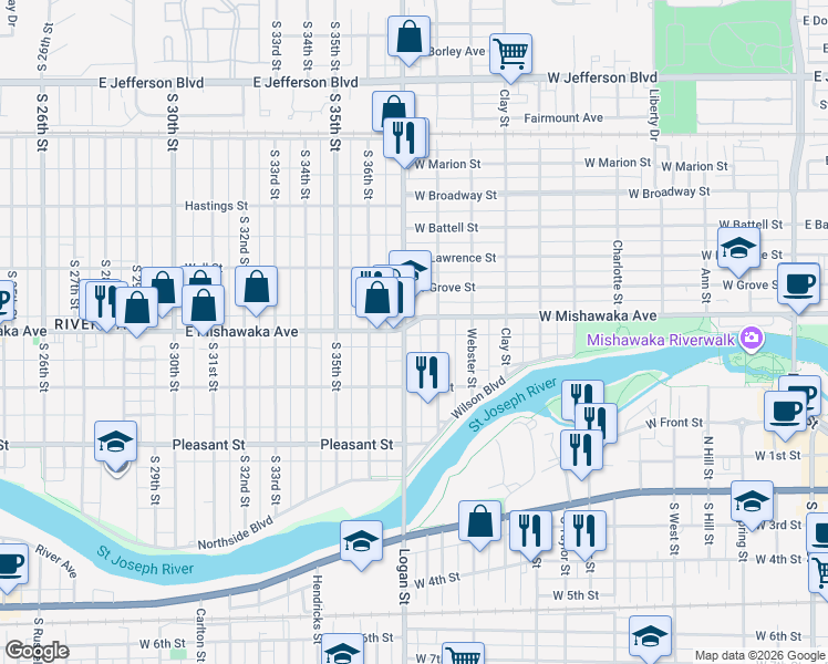 map of restaurants, bars, coffee shops, grocery stores, and more near 1169 West Mishawaka Avenue in Mishawaka