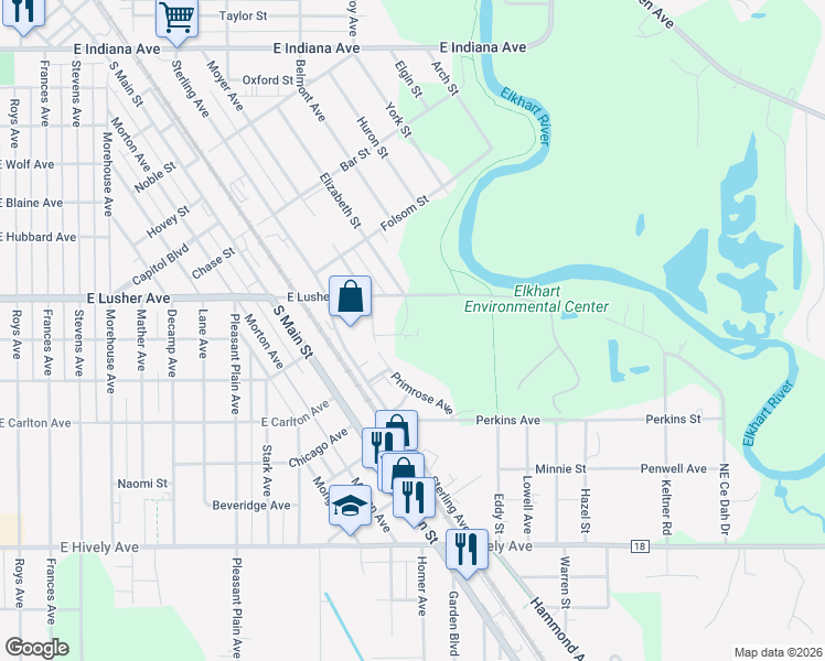 map of restaurants, bars, coffee shops, grocery stores, and more near 1133 East Lusher Avenue in Elkhart