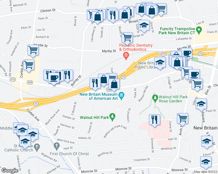 map of restaurants, bars, coffee shops, grocery stores, and more near 359 West Main Street in New Britain