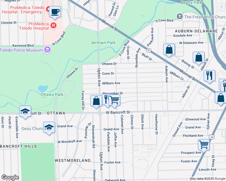 map of restaurants, bars, coffee shops, grocery stores, and more near 1828 Macomber Street in Toledo