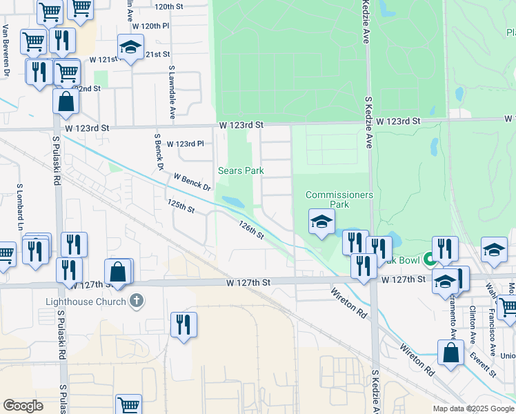 map of restaurants, bars, coffee shops, grocery stores, and more near 12512 South Trumbull Avenue in Alsip