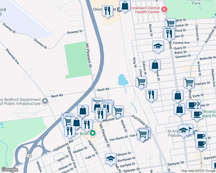 map of restaurants, bars, coffee shops, grocery stores, and more near 501 Nash Road in New Bedford