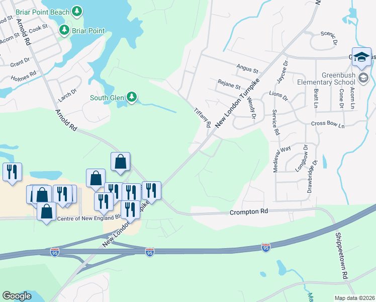 map of restaurants, bars, coffee shops, grocery stores, and more near 2069 New London Turnpike in Coventry