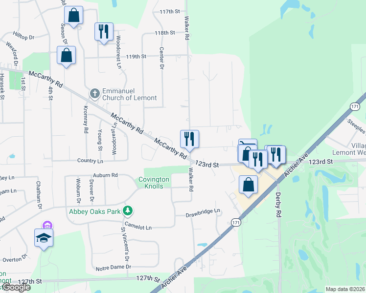 map of restaurants, bars, coffee shops, grocery stores, and more near 1297 McCarthy Road in Lemont