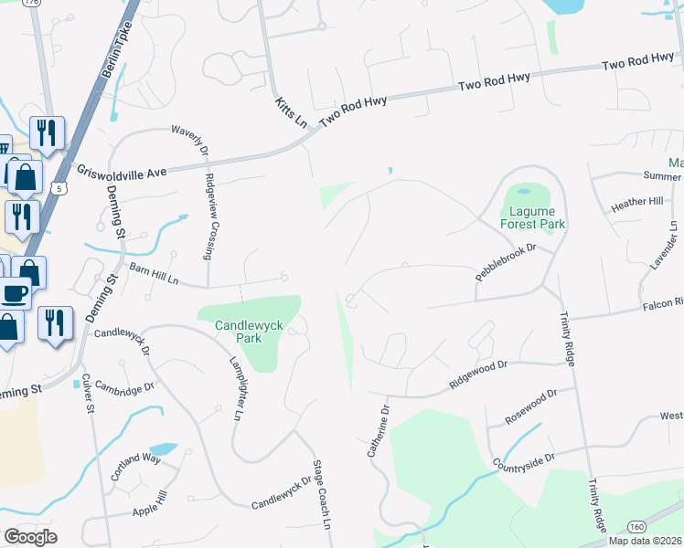 map of restaurants, bars, coffee shops, grocery stores, and more near 82 Ramblewood Drive in Rocky Hill