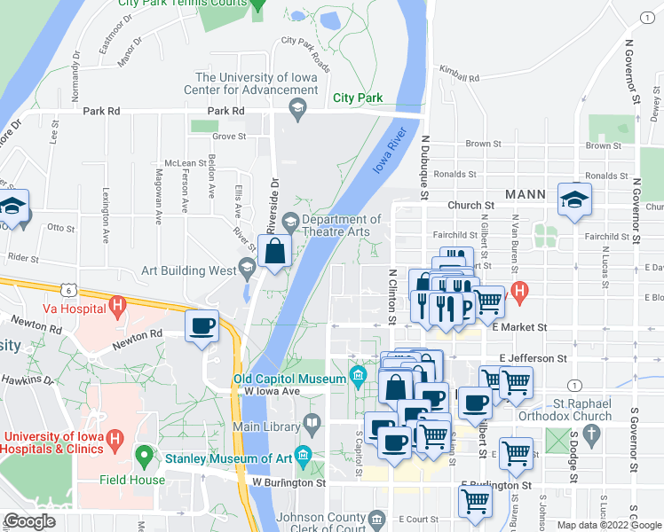 map of restaurants, bars, coffee shops, grocery stores, and more near 342 North Madison Street in Iowa City