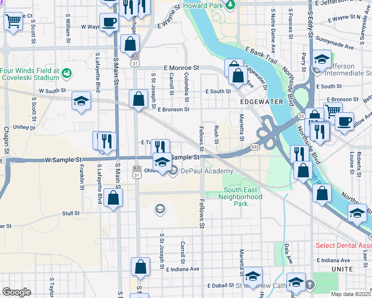 map of restaurants, bars, coffee shops, grocery stores, and more near 301 East Sample Street in South Bend