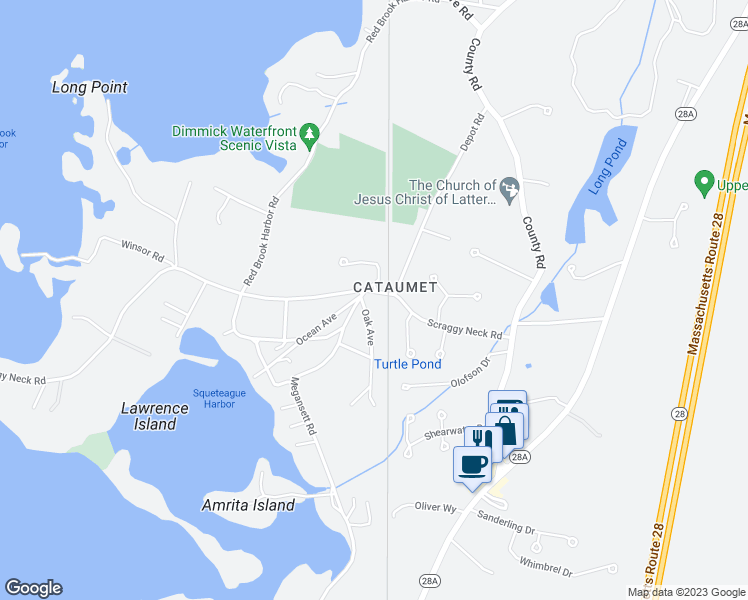 map of restaurants, bars, coffee shops, grocery stores, and more near 71 Scraggy Neck Road in Bourne