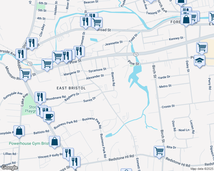 map of restaurants, bars, coffee shops, grocery stores, and more near 29 Bayberry Drive in Bristol