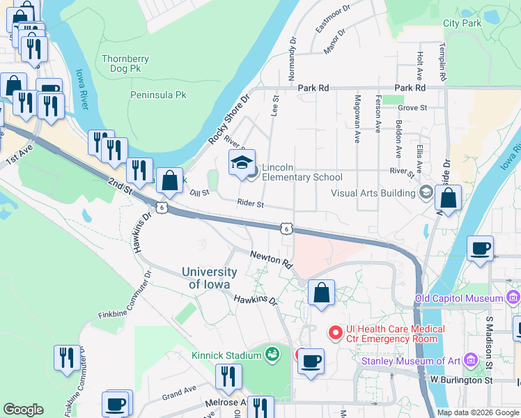 map of restaurants, bars, coffee shops, grocery stores, and more near 919 Rider Street in Iowa City