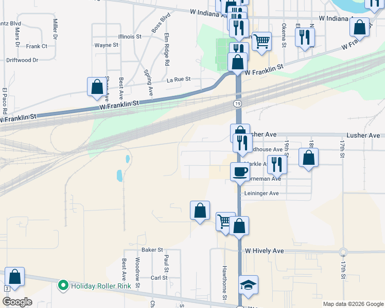 map of restaurants, bars, coffee shops, grocery stores, and more near 28184 Fieldhouse Avenue in Elkhart