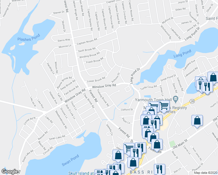 map of restaurants, bars, coffee shops, grocery stores, and more near 492 Winslow Gray Road in Yarmouth