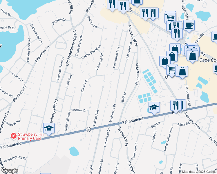 map of restaurants, bars, coffee shops, grocery stores, and more near 545 Lincoln Road Extension in Barnstable