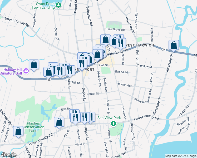 map of restaurants, bars, coffee shops, grocery stores, and more near 22 Edwards Avenue in Dennis