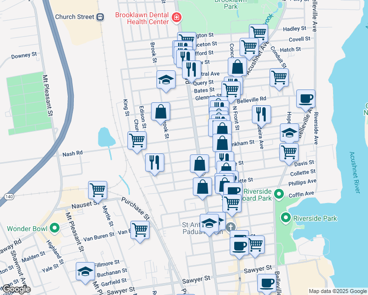 map of restaurants, bars, coffee shops, grocery stores, and more near 260 Tinkham Street in New Bedford