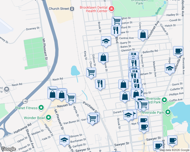 map of restaurants, bars, coffee shops, grocery stores, and more near 331 Tinkham Street in New Bedford
