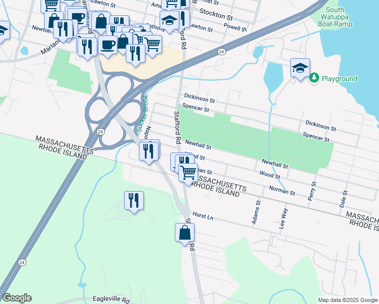 map of restaurants, bars, coffee shops, grocery stores, and more near 83 Wood Street in Fall River
