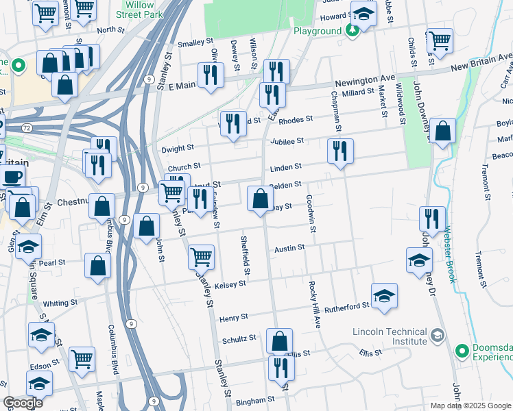 map of restaurants, bars, coffee shops, grocery stores, and more near 15 Cliff Street in New Britain