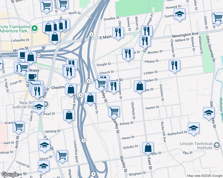 map of restaurants, bars, coffee shops, grocery stores, and more near 424 Park Street in New Britain