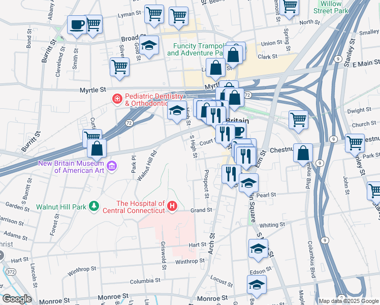 map of restaurants, bars, coffee shops, grocery stores, and more near 69 Walnut Street in New Britain