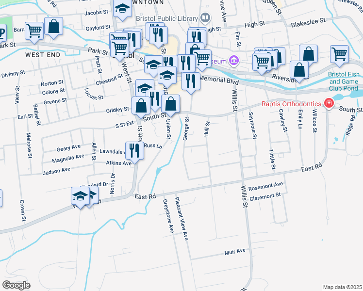 map of restaurants, bars, coffee shops, grocery stores, and more near 85 George Street in Bristol