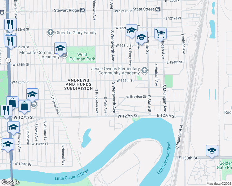 map of restaurants, bars, coffee shops, grocery stores, and more near 12555 South Wentworth Avenue in Chicago