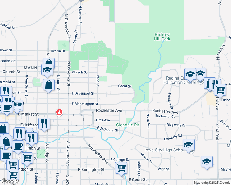 map of restaurants, bars, coffee shops, grocery stores, and more near 1313 East Davenport Street in Iowa City