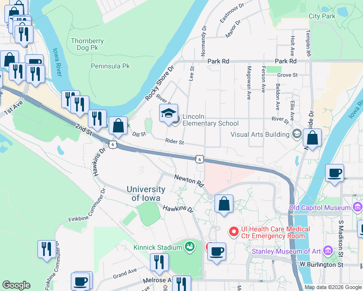 map of restaurants, bars, coffee shops, grocery stores, and more near 919 Rider Street in Iowa City