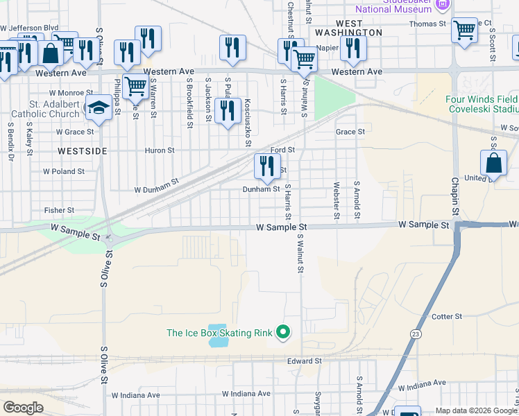 map of restaurants, bars, coffee shops, grocery stores, and more near Fisher Street in South Bend