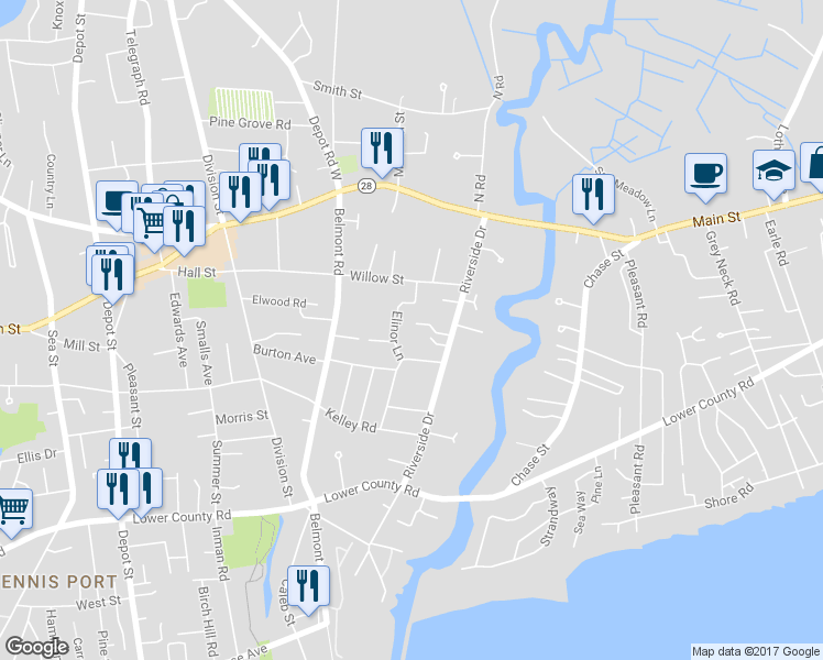 map of restaurants, bars, coffee shops, grocery stores, and more near 3 Riverside Terrace in Harwich