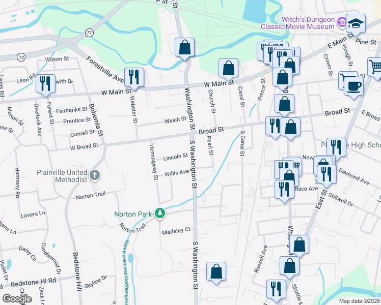 map of restaurants, bars, coffee shops, grocery stores, and more near 29 South Washington Street in Plainville
