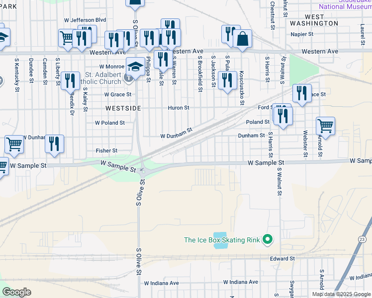 map of restaurants, bars, coffee shops, grocery stores, and more near 800 South Grant Street in South Bend