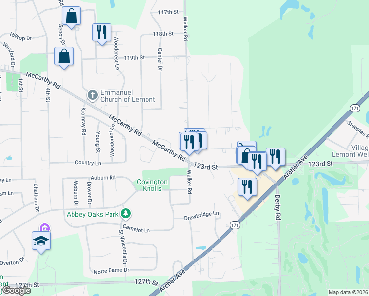 map of restaurants, bars, coffee shops, grocery stores, and more near 1297 McCarthy Road in Lemont