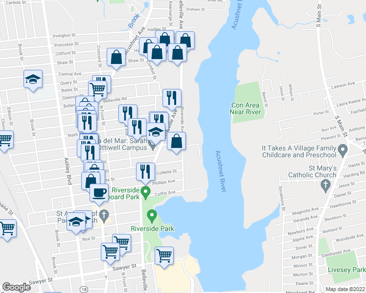 map of restaurants, bars, coffee shops, grocery stores, and more near 51 Manomet Street in New Bedford