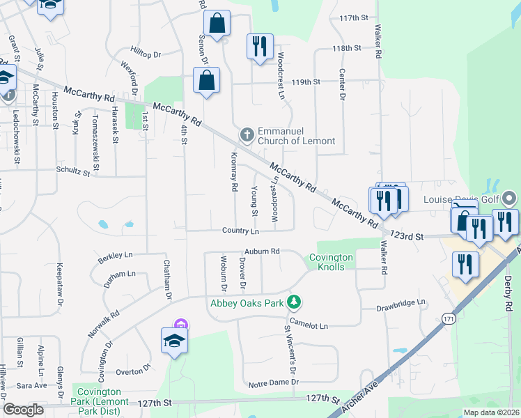 map of restaurants, bars, coffee shops, grocery stores, and more near 891 Young Street in Lemont