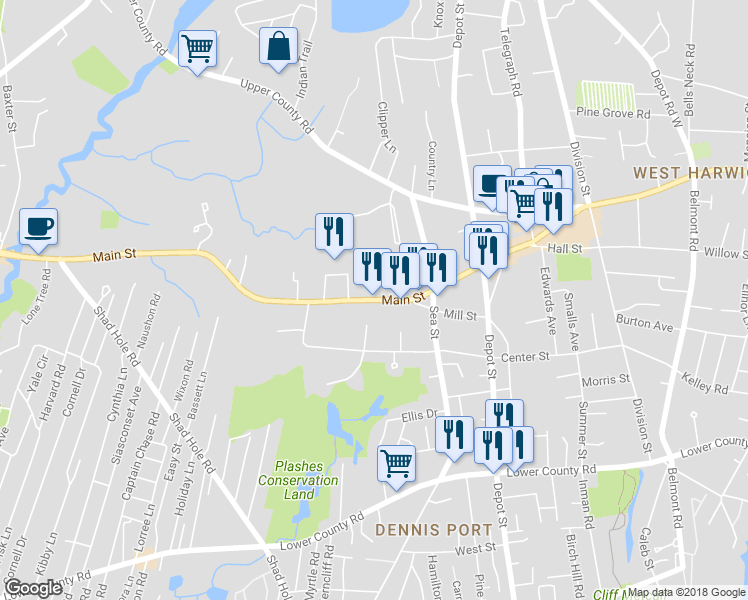 map of restaurants, bars, coffee shops, grocery stores, and more near 451 Main Street in Dennis