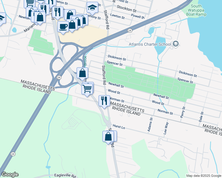 map of restaurants, bars, coffee shops, grocery stores, and more near 83 Wood Street in Fall River