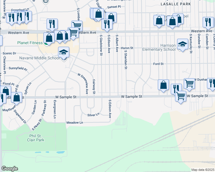 map of restaurants, bars, coffee shops, grocery stores, and more near 830 South Edison Avenue in South Bend