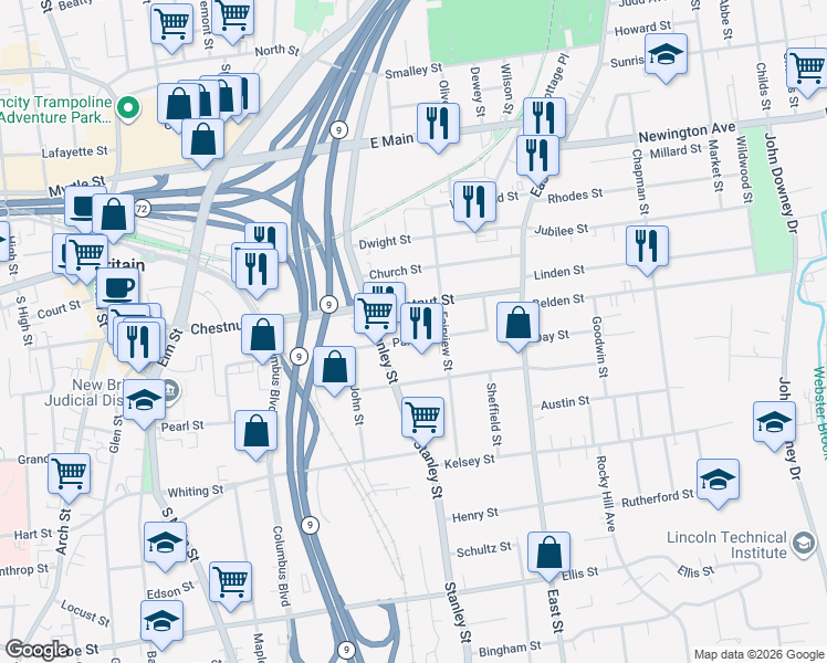 map of restaurants, bars, coffee shops, grocery stores, and more near 424 Park Street in New Britain