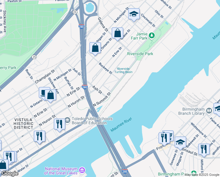 map of restaurants, bars, coffee shops, grocery stores, and more near 1829 North Summit Street in Toledo